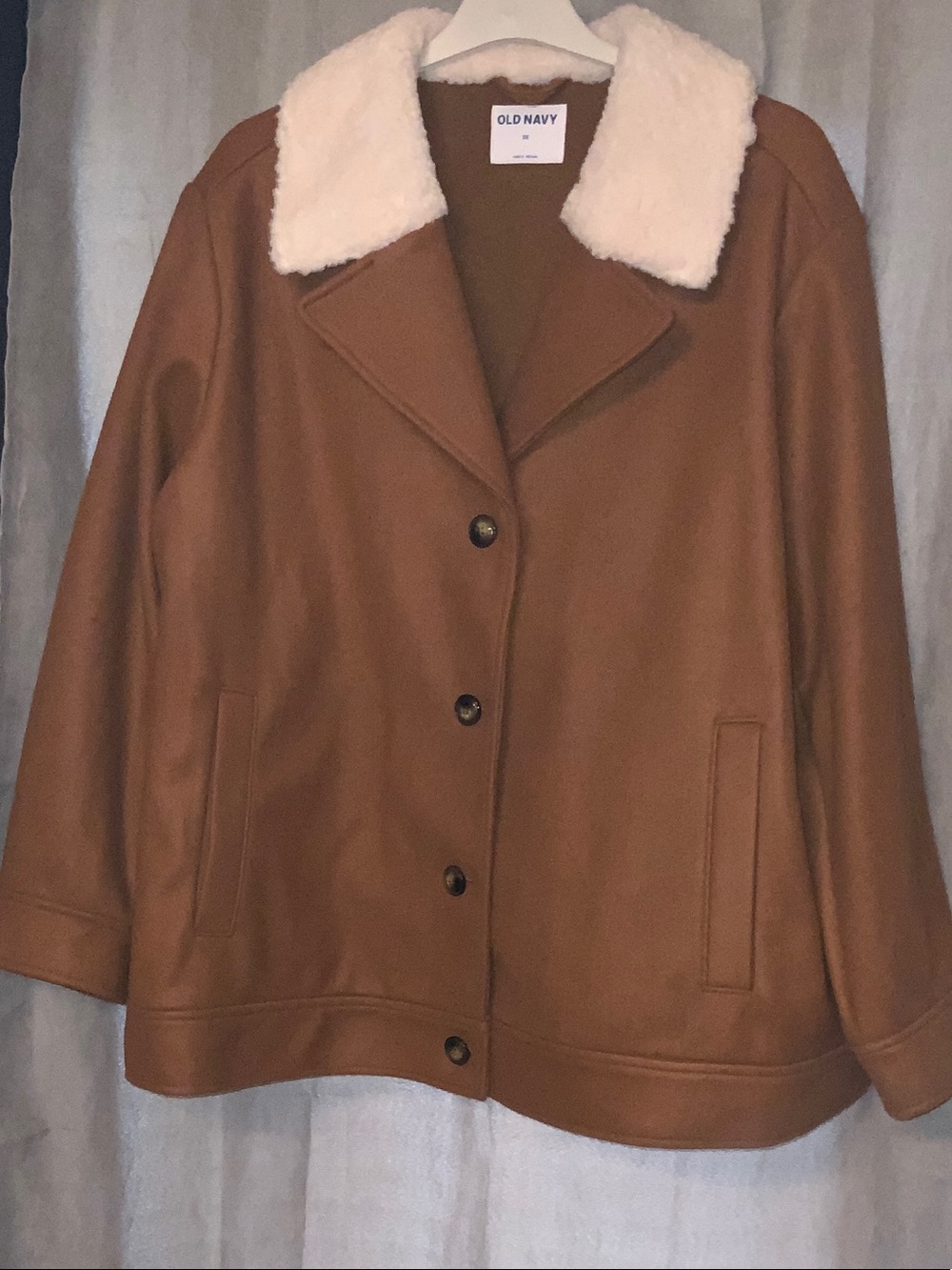Old Navy Camel  Pea Coat with Cream Faux Fur Collar